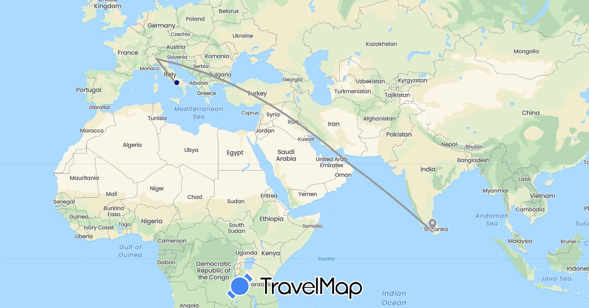 TravelMap itinerary: driving, plane in Italy, Sri Lanka, Oman (Asia, Europe)
